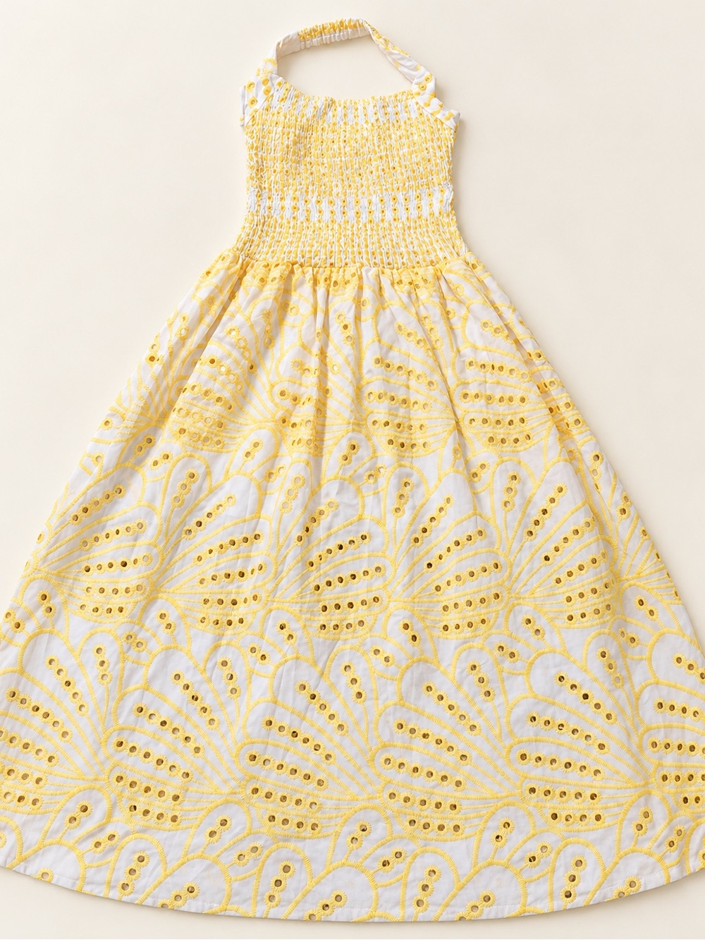 Smocked Halter Eyelet Midi Dress in Yellow